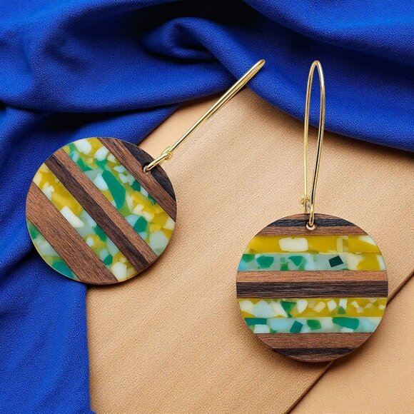 🆕 Handcrafted Wood & Resin Trendy Round Earrings With Golden Color Alloy Hooks - Picture 8 of 11